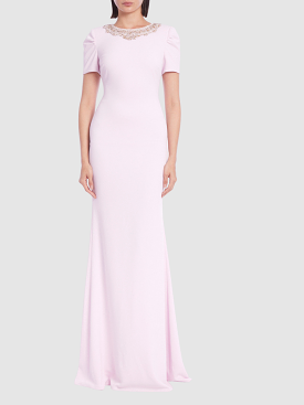 Short Sleeve Beaded Neckline Column Gown