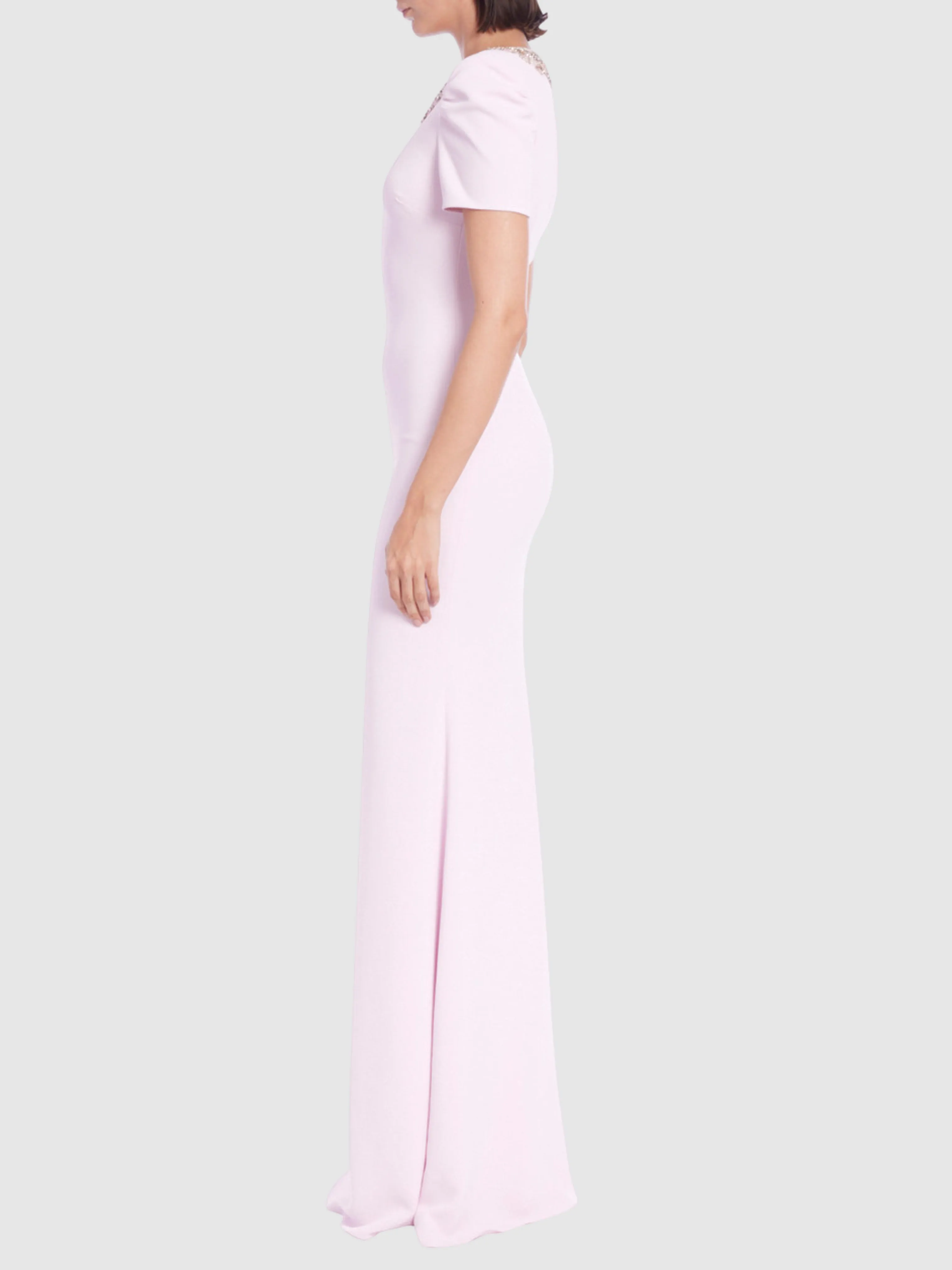 Short Sleeve Beaded Neckline Column Gown