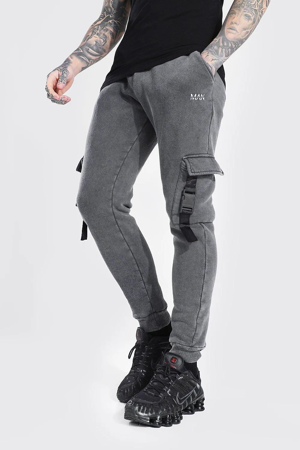 Skinny MAN Utility Acid Wash Cargo Jogger | boohooMAN UK