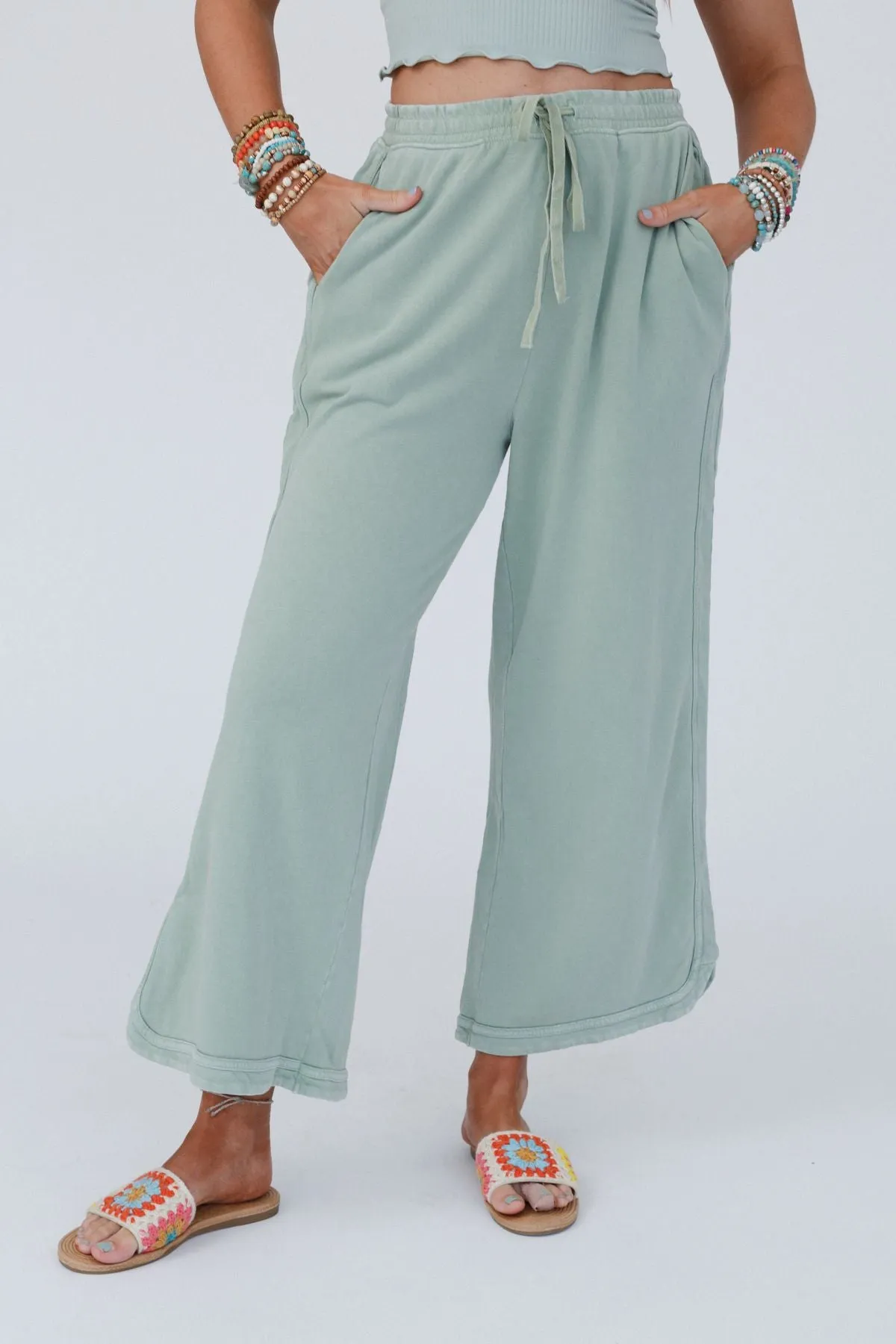 So Comfy Wide Leg Pant Cropped Length - Sage