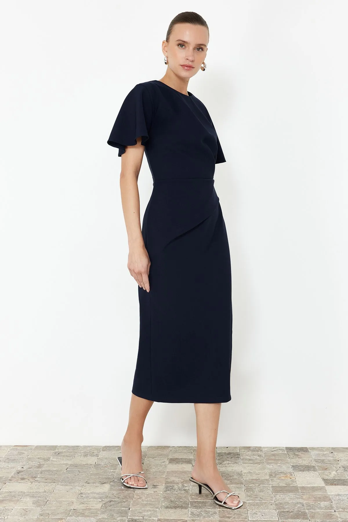 Straight Cut Gathered Midi Woven Dress