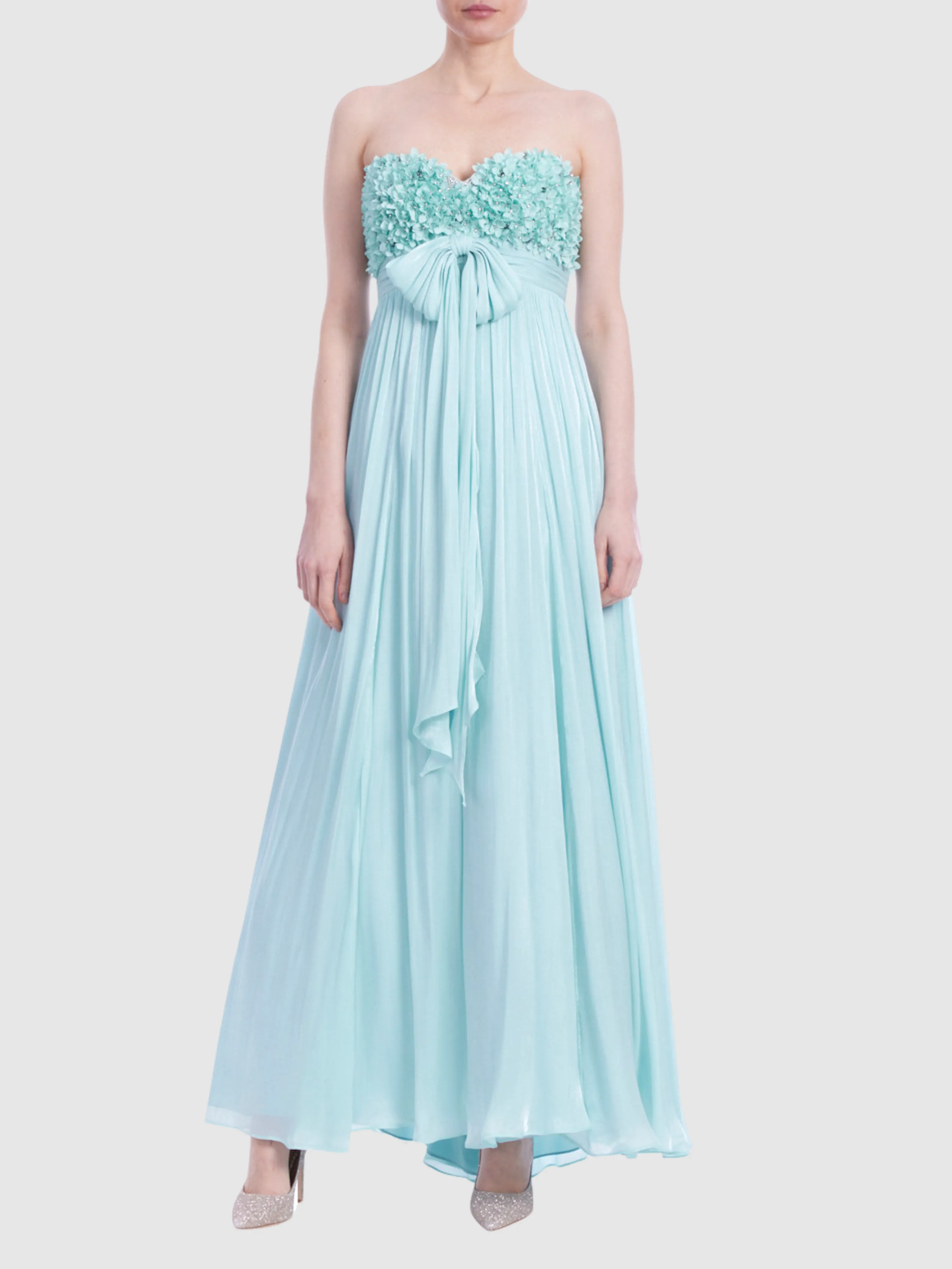 Strapless Chiffon Gown with Floral Bodice