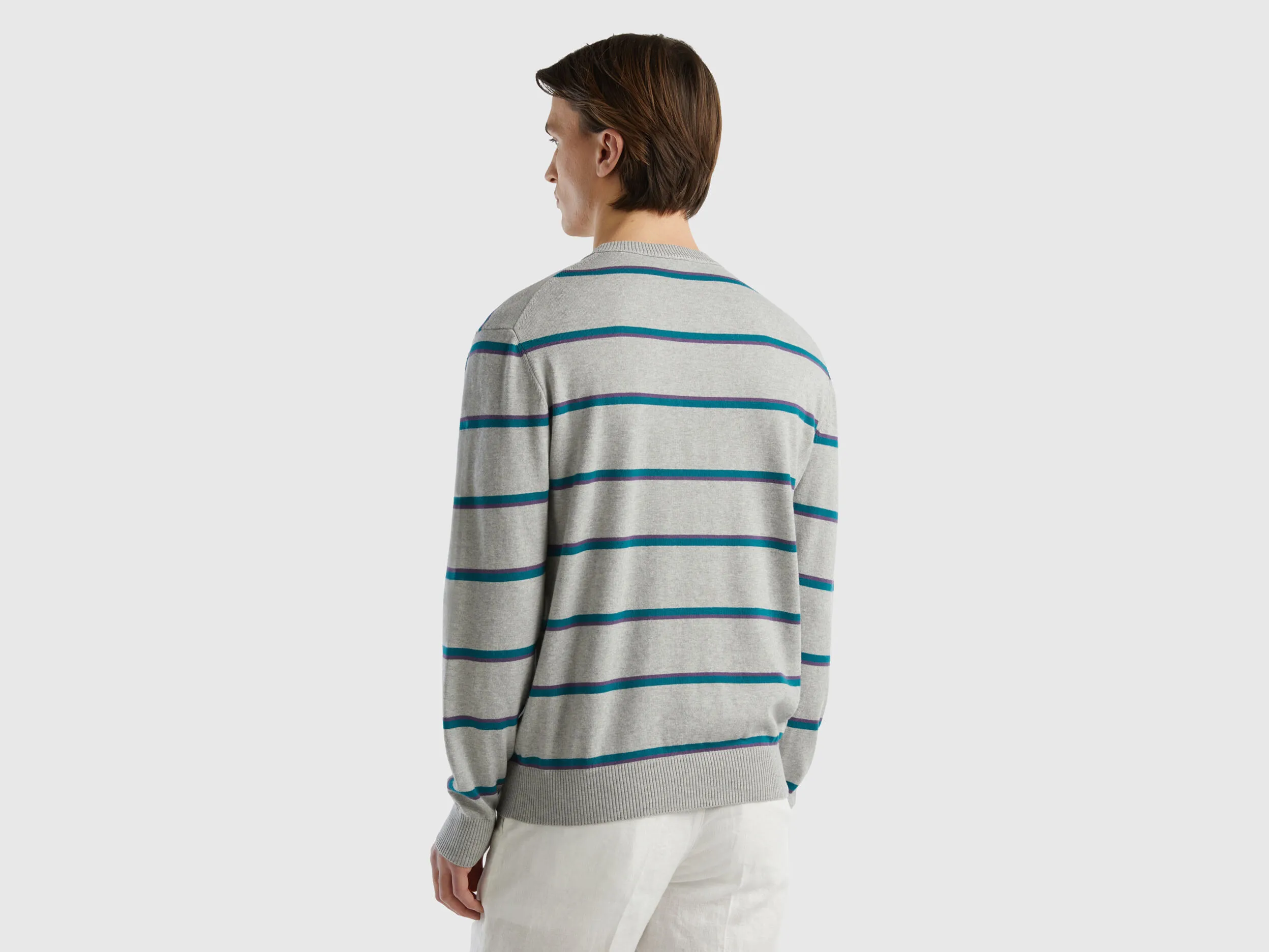 Striped 100% cotton sweater - Light Gray | Benetton