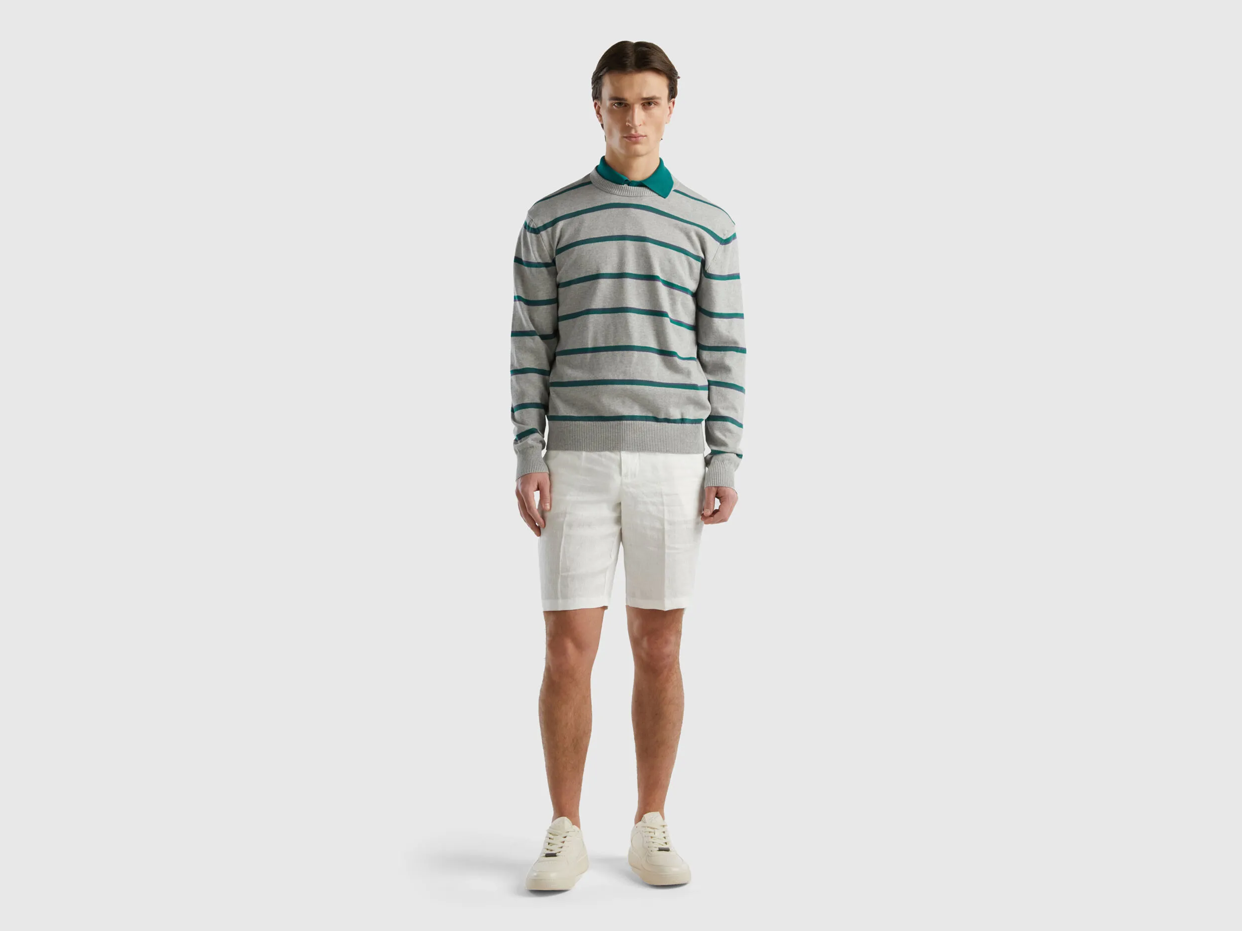 Striped 100% cotton sweater - Light Gray | Benetton