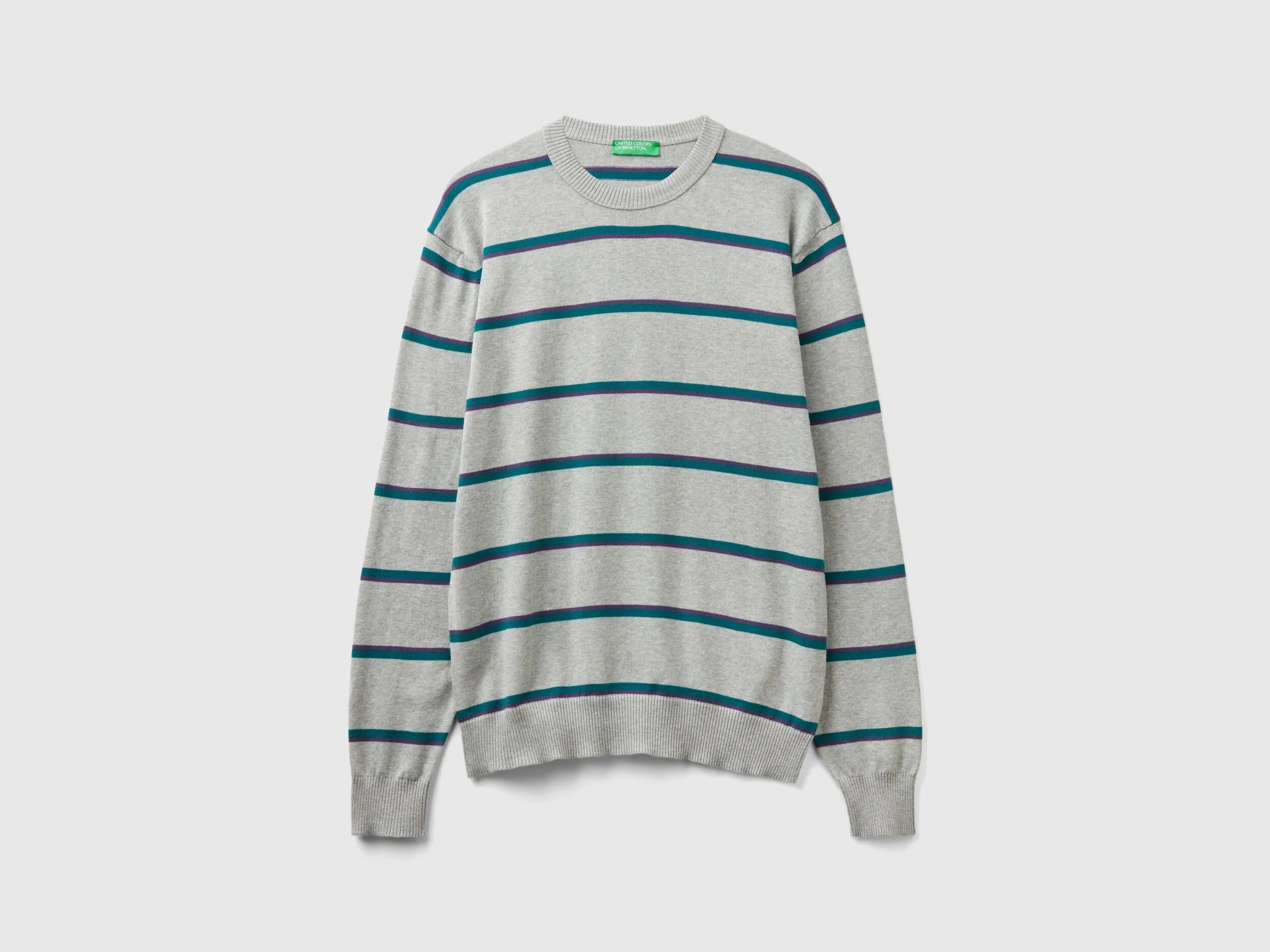 Striped 100% cotton sweater - Light Gray | Benetton