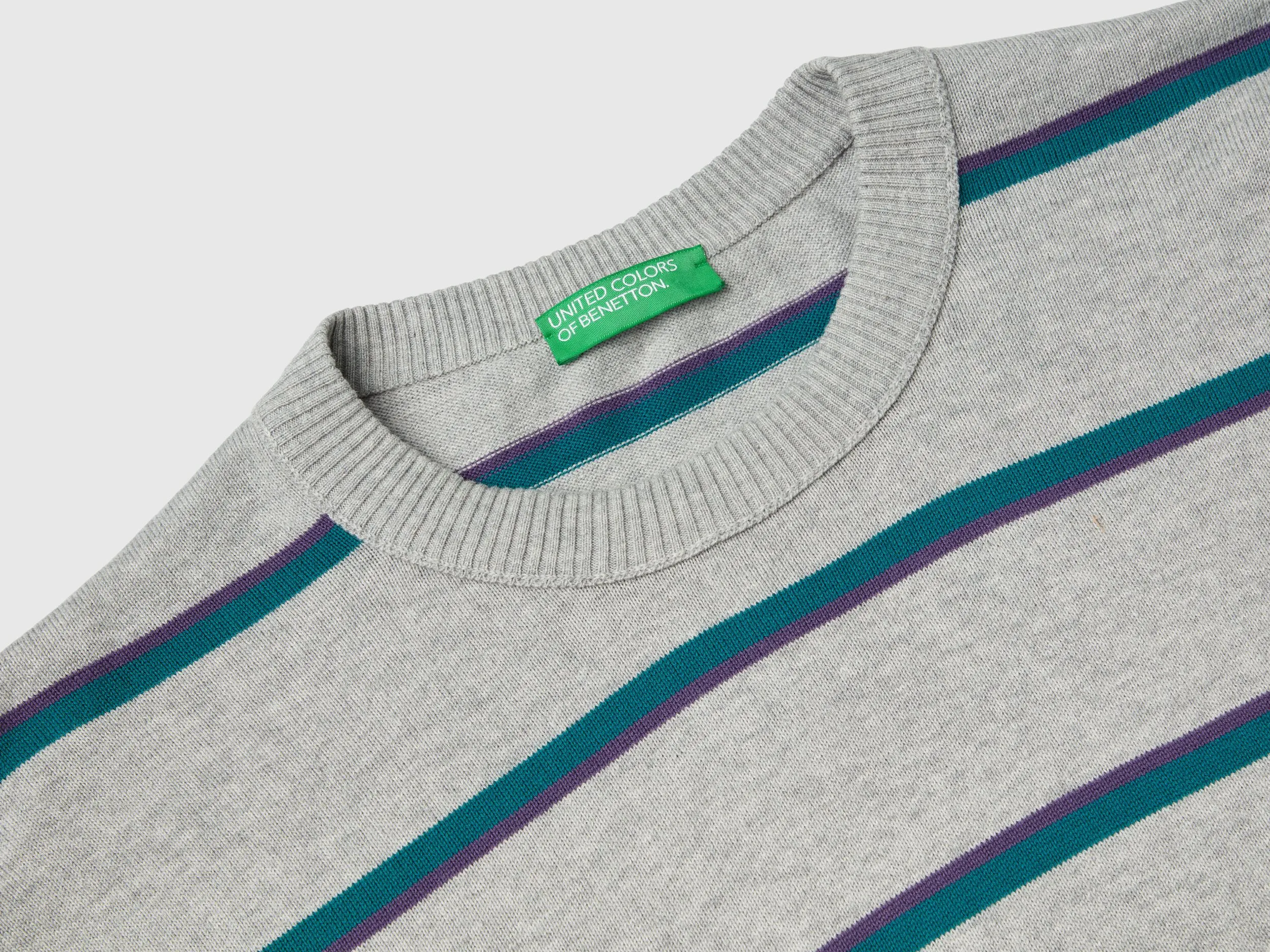 Striped 100% cotton sweater - Light Gray | Benetton