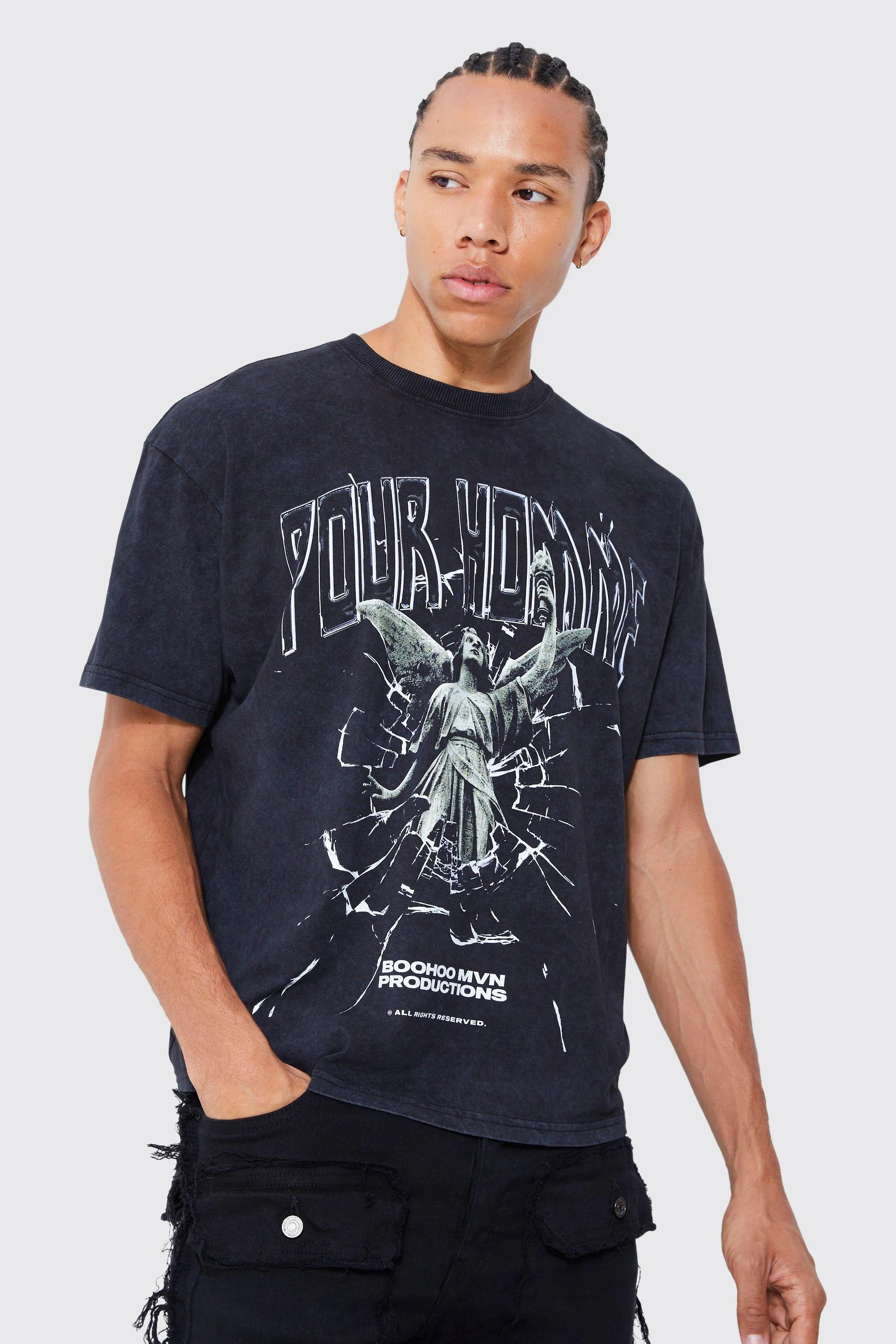 Tall Oversized Acid Wash Homme Statue T-shirt | boohooMAN UK