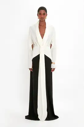 Tie Detail Gown In Vanilla-Black