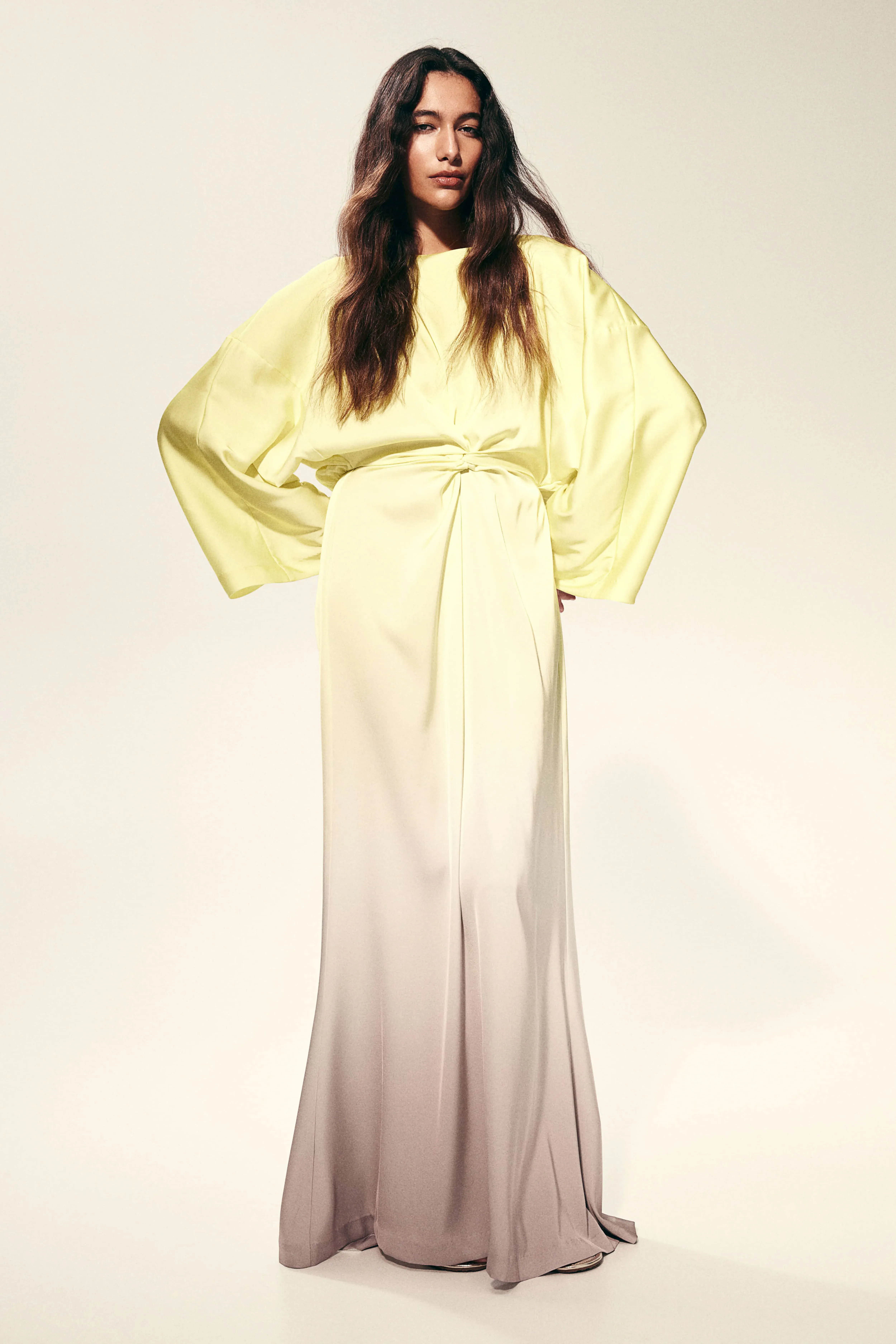 Twist-detail satin dress - Boat neck - 3/4 sleeve - Yellow/Ombre - Ladies | H&M GB