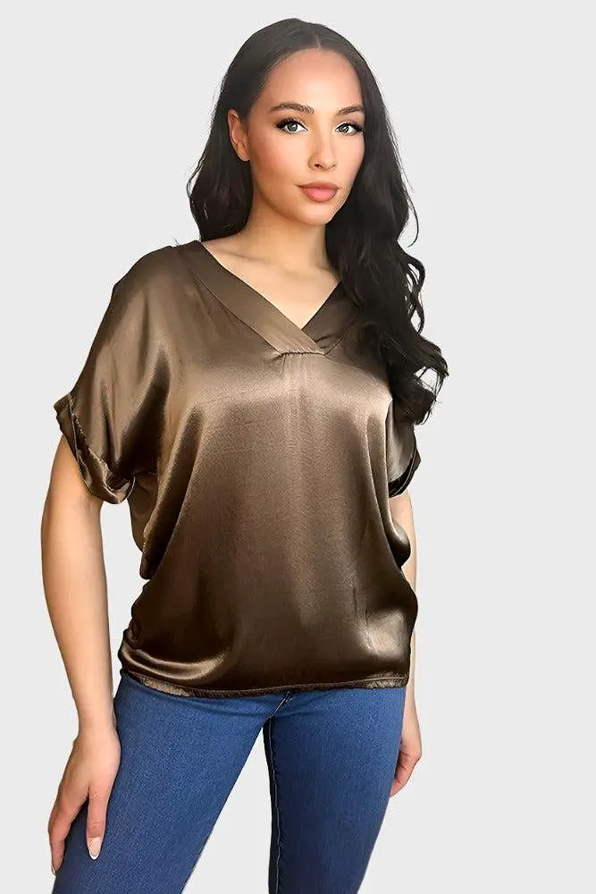 V-Neck Satin Front Short Sleeve Blouse