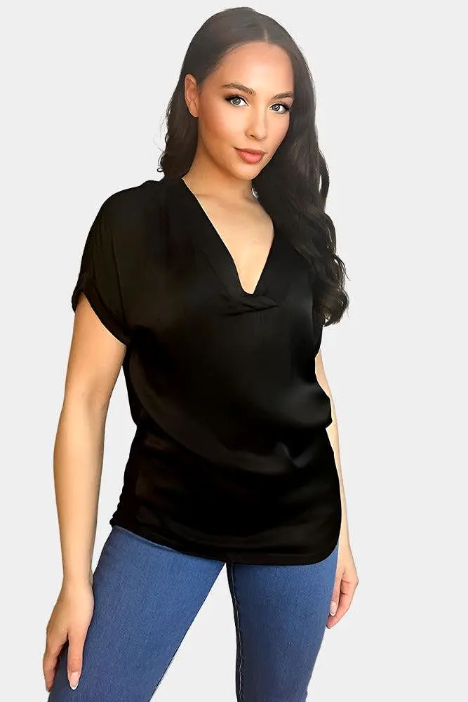 V-Neck Satin Front Short Sleeve Blouse