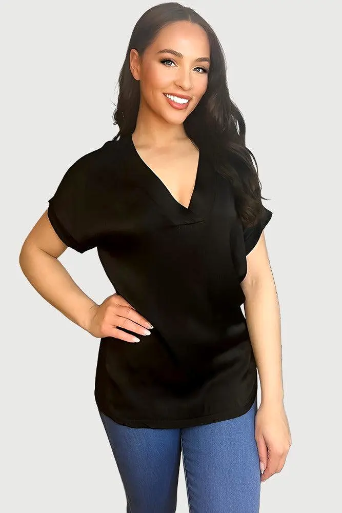 V-Neck Satin Front Short Sleeve Blouse