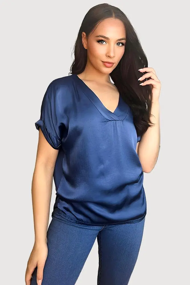 V-Neck Satin Front Short Sleeve Blouse