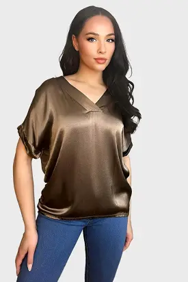 V-Neck Satin Front Short Sleeve Blouse