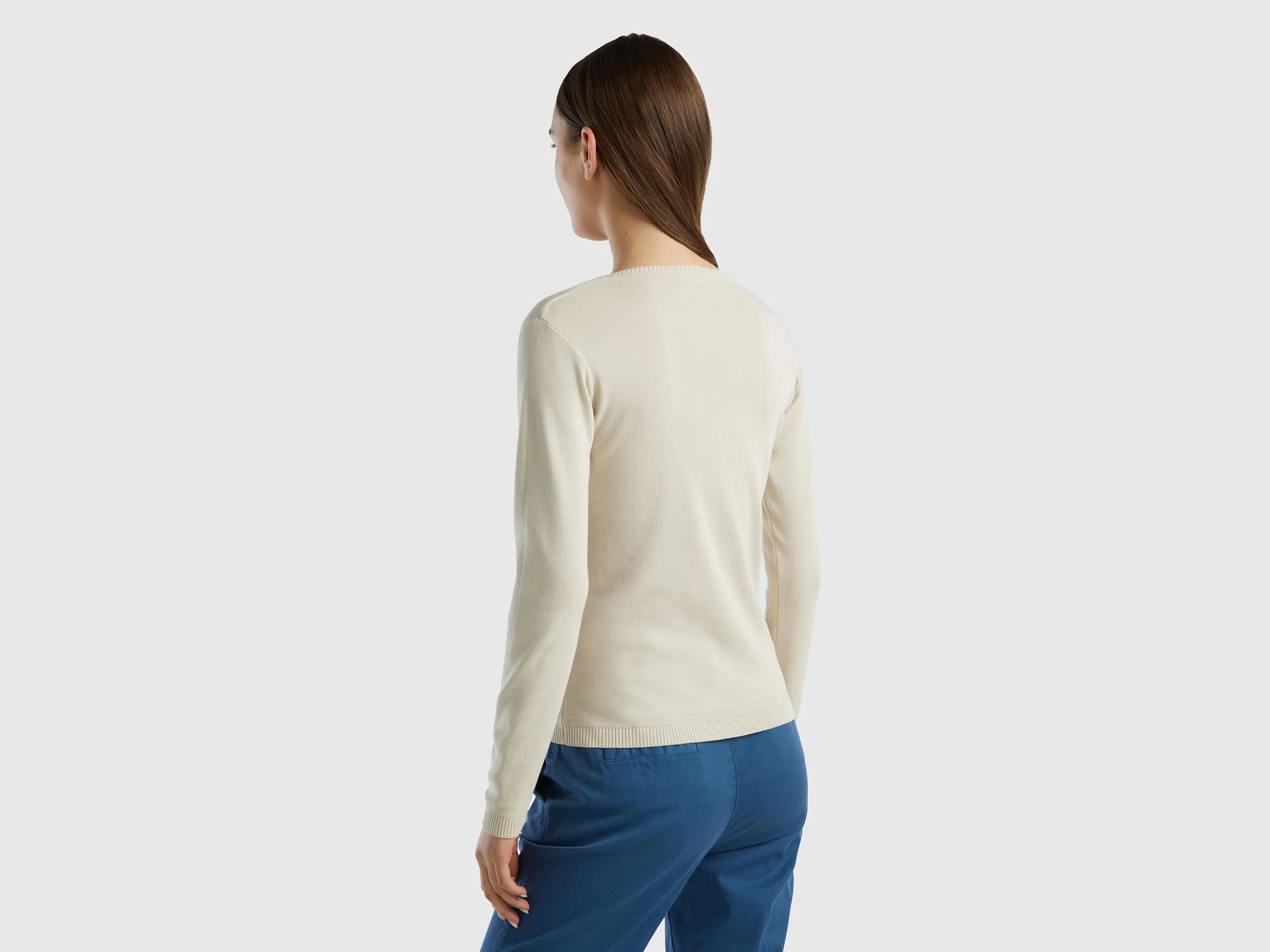 V-neck sweater in pure cotton - Beige | Benetton