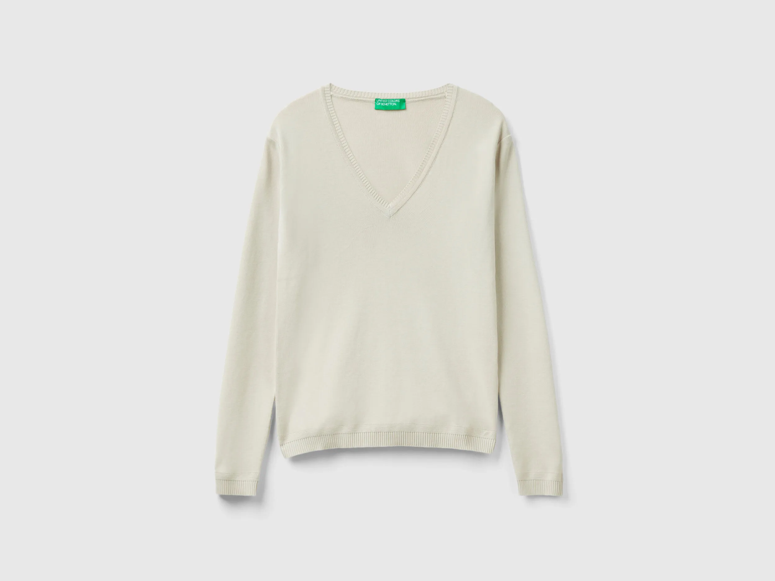 V-neck sweater in pure cotton - Beige | Benetton