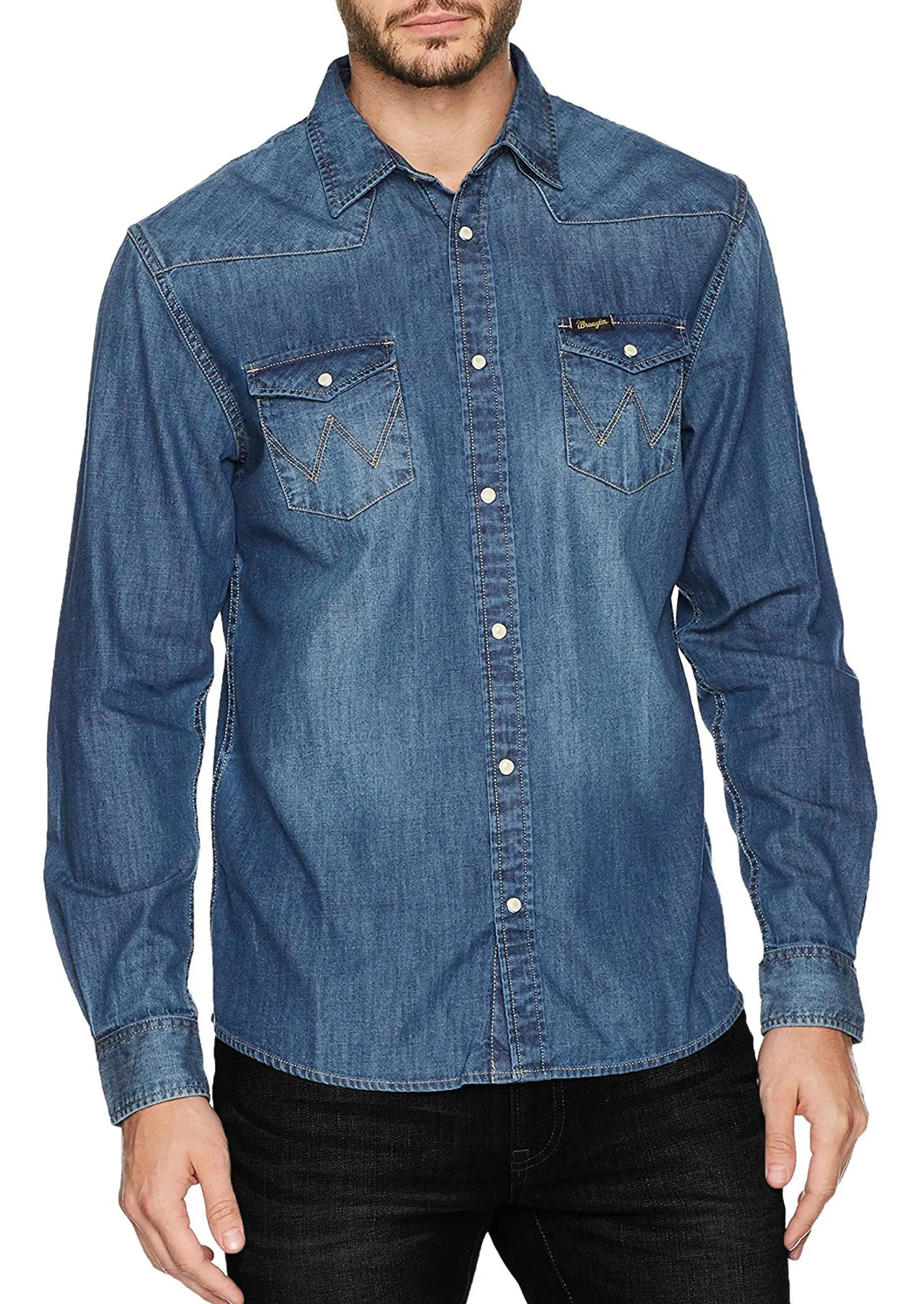 Wrangler Western Denim Shirt Long Sleeve Mid Indigo